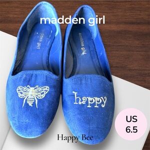 *Pre-Loved* madden girl Navy Blue w-Gold Embroidery Happy Bee Ballerina Flats